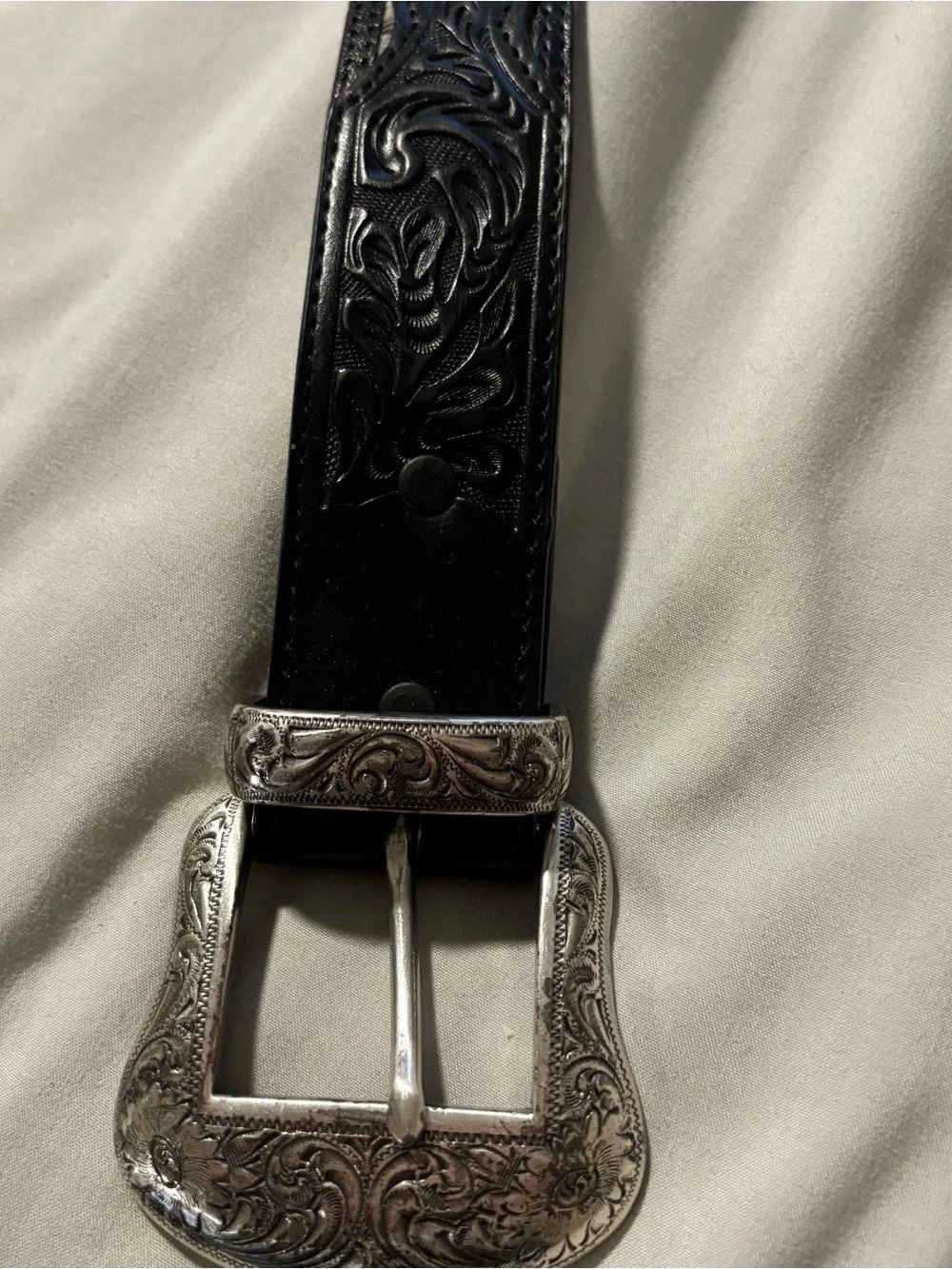 Men's Black Tooled Leather Belt with Engraved Silver Buckle